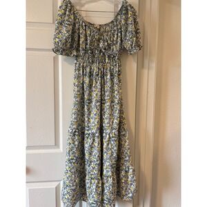 Indulge Floral Midi Dress Small White Yellow Excellent Smocked Puff Sleeve